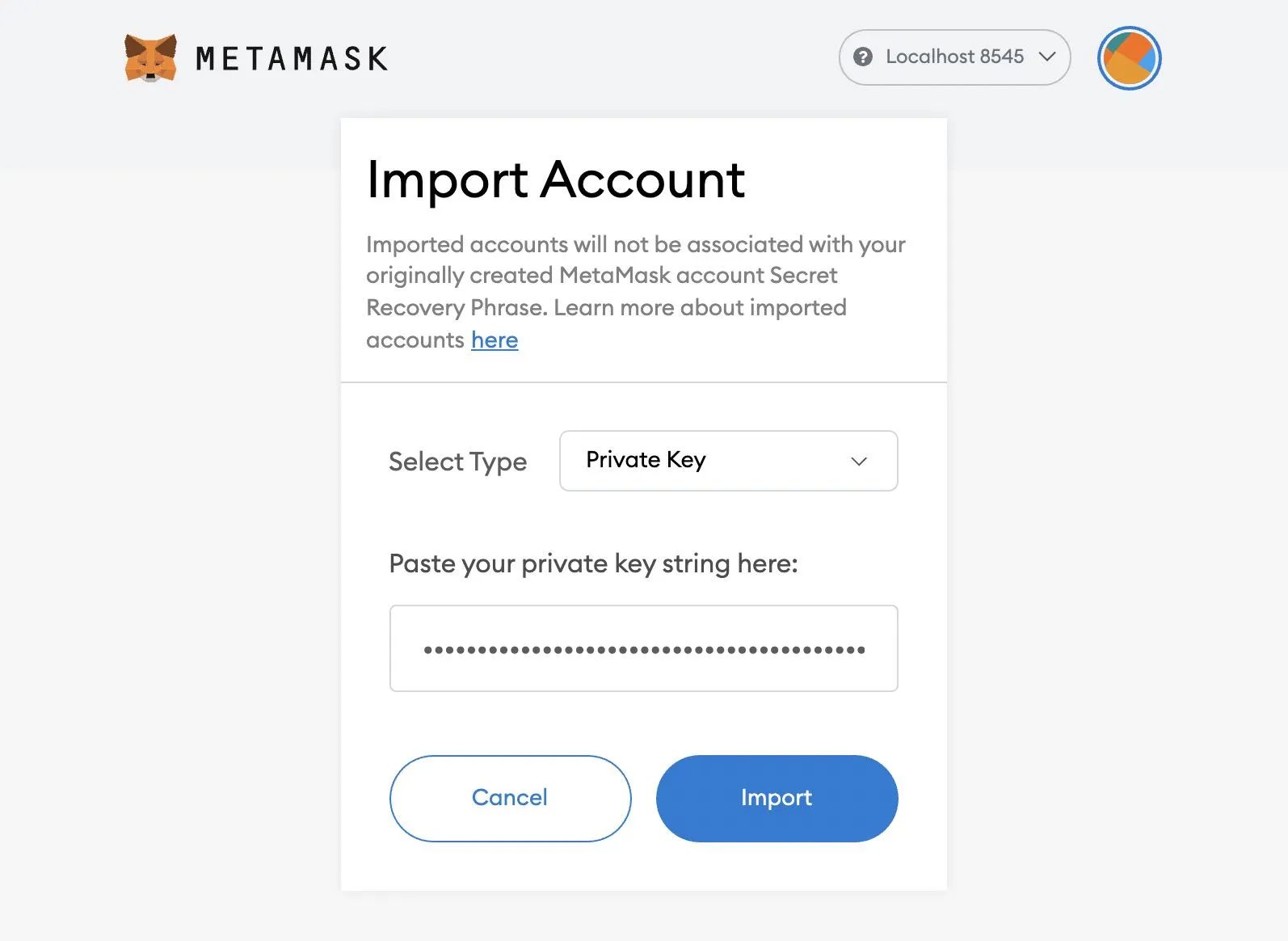 04 - paste private key to import account