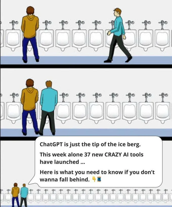 Ambushing someone in the bathroom by standing in the urinal right next to them and delivering a real-life, verbal Tweet Thread about AI tools.