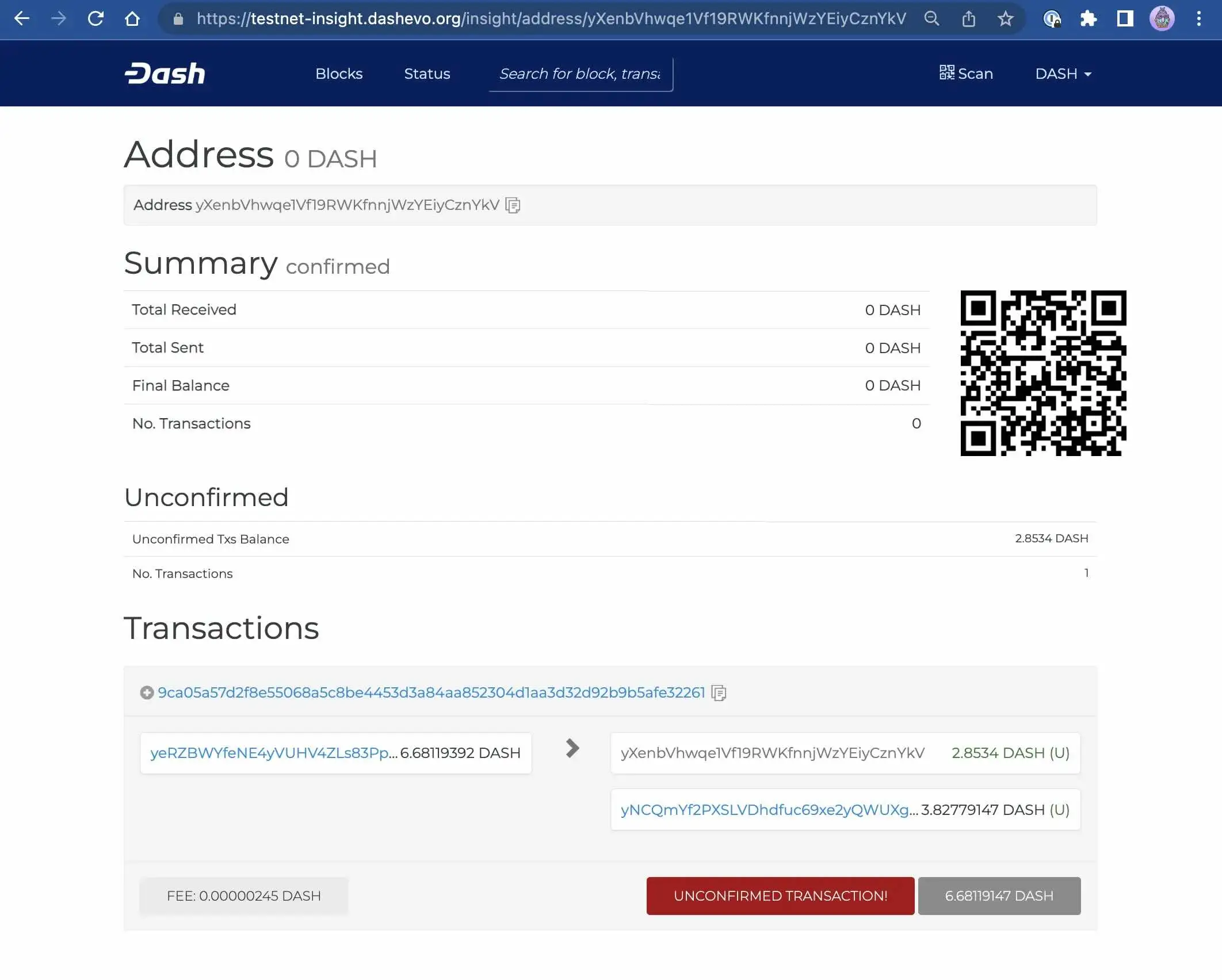 01 - Viewing new Dash wallet address on testnet block explorer